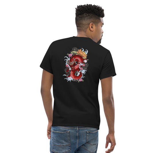 Camiseta clásica hombre, Dragon rojo, flores, nubes